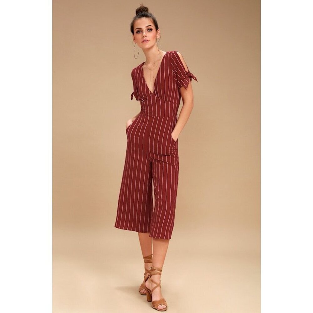 Lulus Pacific Coast Wine Red Striped Culotte Jumpsuit - Size Large